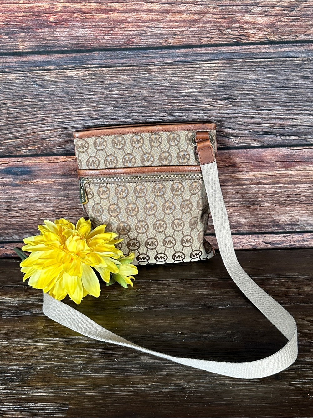 Michael Kors Beige and Brown Monogram Crossbody Bag